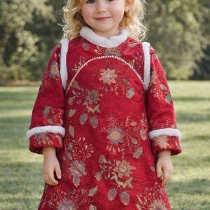 Kids Red Embroidery Gold Flower Faux Fur Chinese Dress